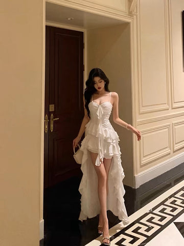 Niulatu High Low Spaghetti Straps White Chiffon Ruffles Prom Dresses Birthday Outfits Evening Gown SD987